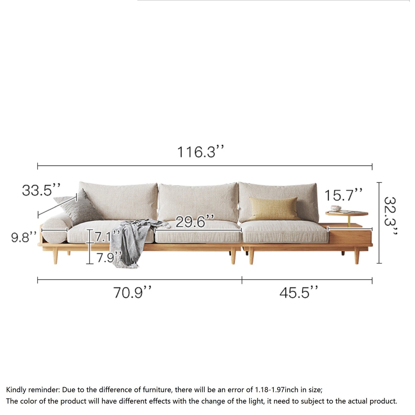 116.3" Beige Cotton Linen 3-Seater Sofa Storage Fabric Sofa with Round Arm