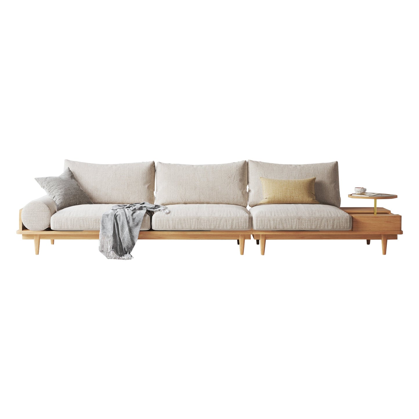 116.3" Beige Cotton Linen 3-Seater Sofa Storage Fabric Sofa with Round Arm