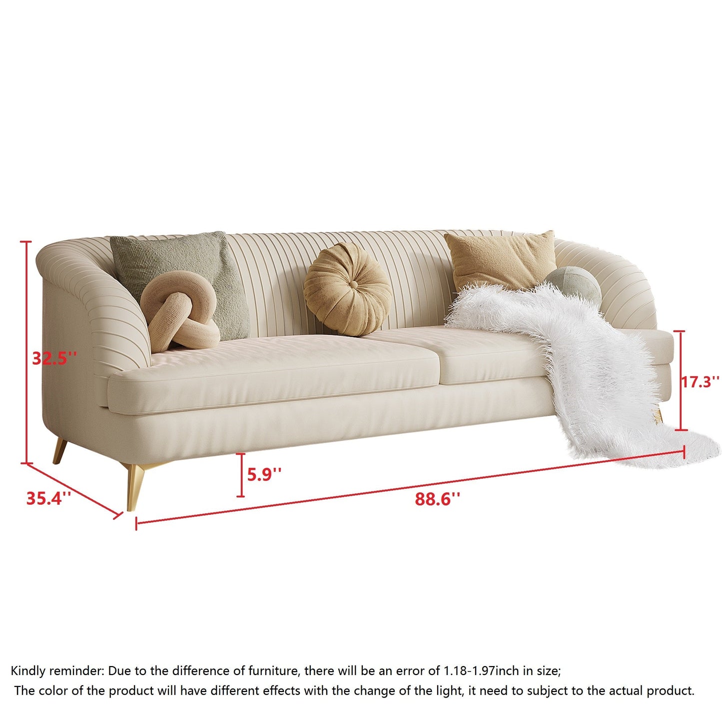3-Seat Modern Tufted Velvet Sofa with Metal Feet