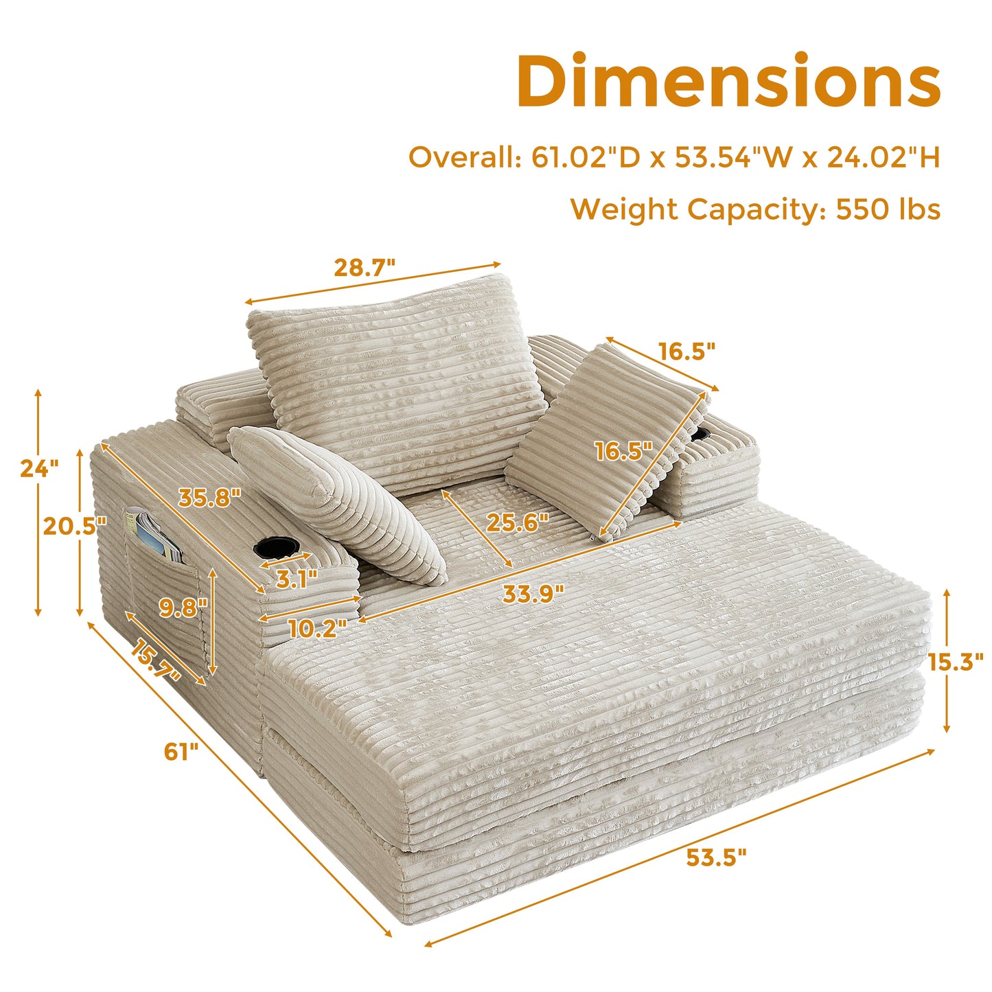 53.5” Modern Oversize Chaise Lounge Sofa Bed