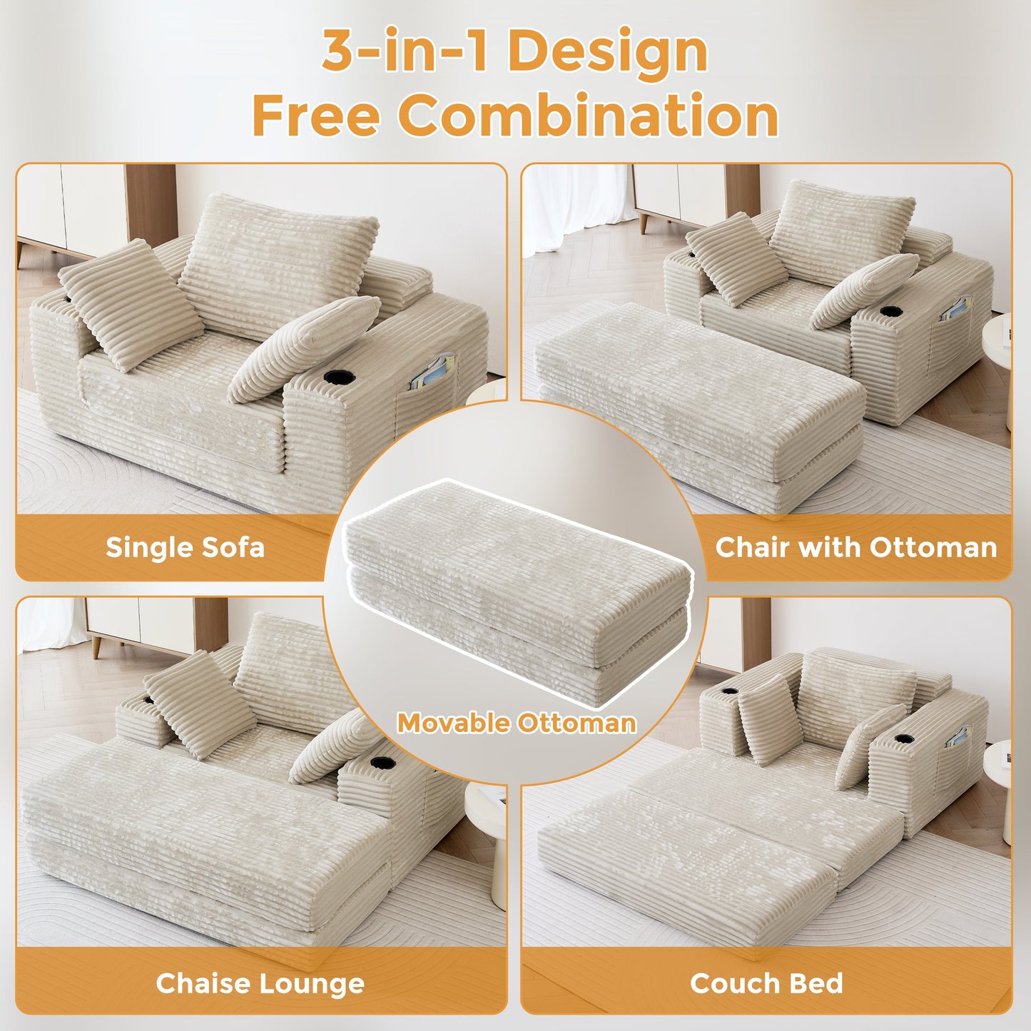 53.5” Modern Oversize Chaise Lounge Sofa Bed