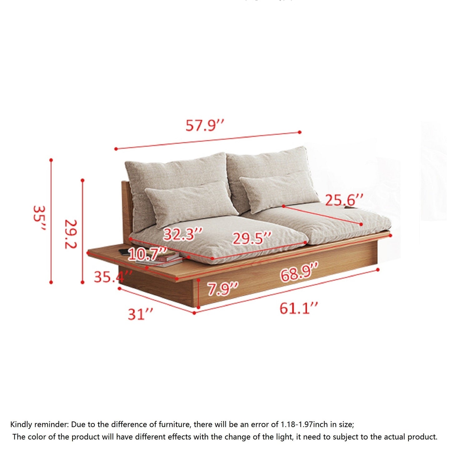 Cotton Linen Beige Sofa With Wood Frame & Storage Underneath