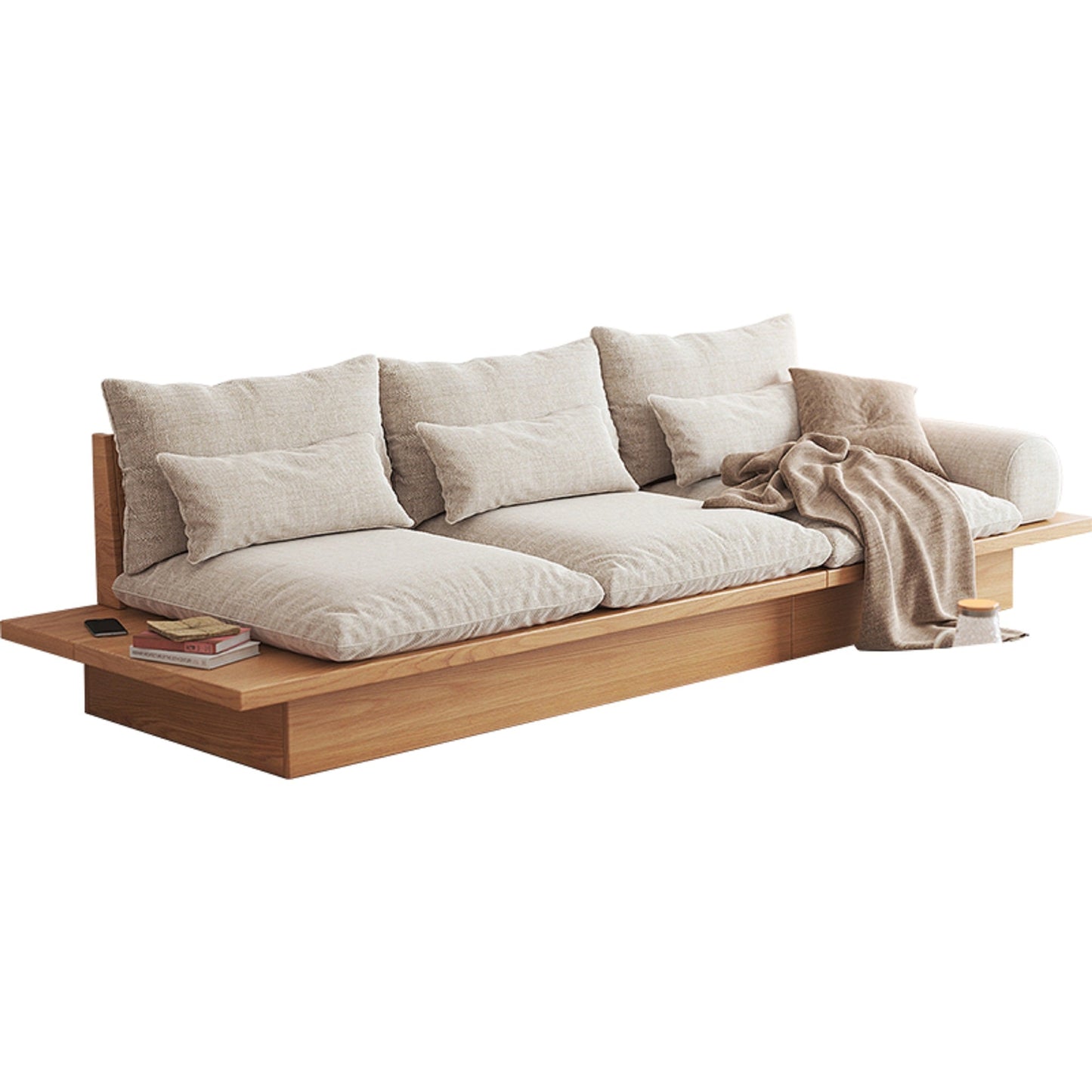 Cotton Linen Beige Sofa With Wood Frame & Storage Underneath