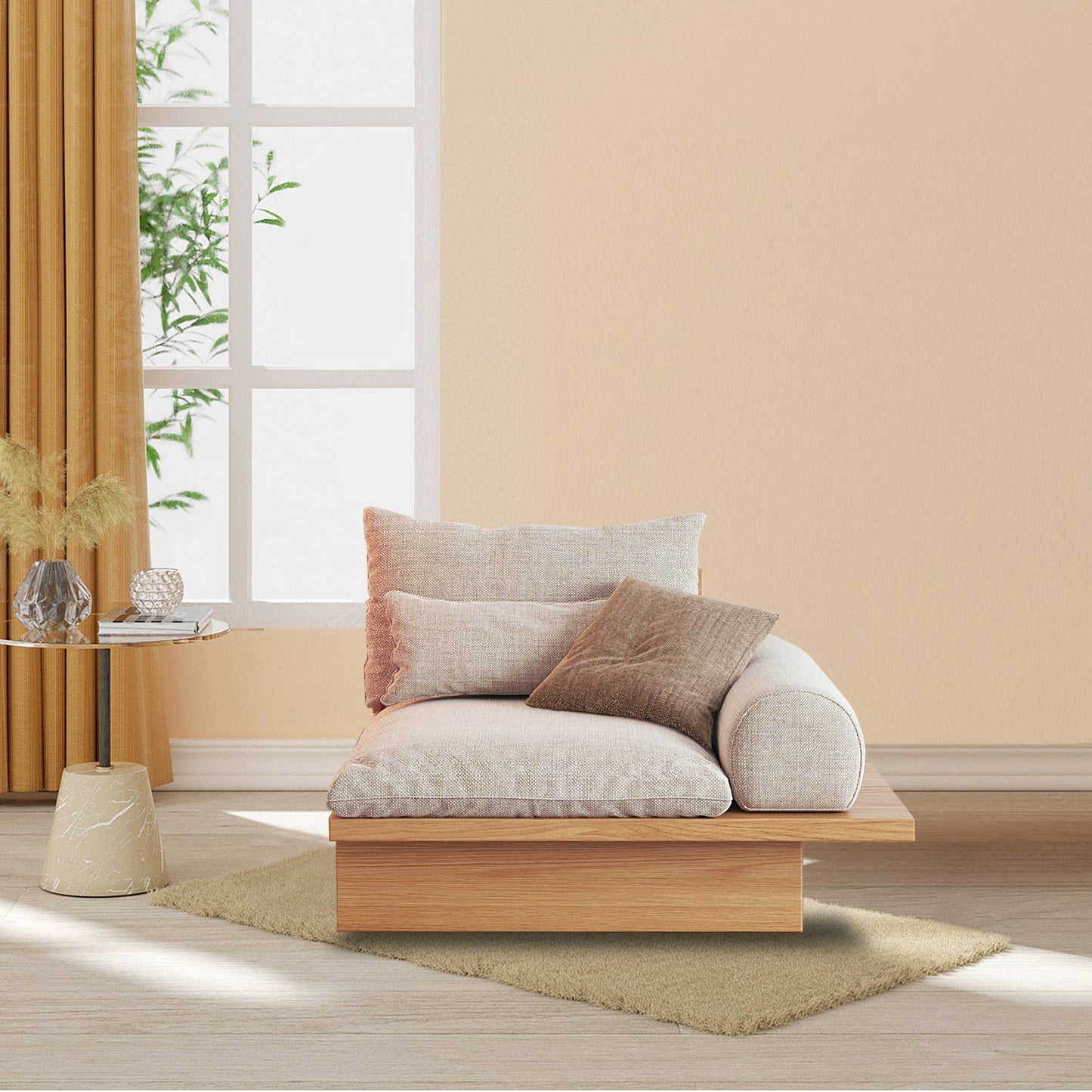 Cotton Linen Beige Sofa With Wood Frame & Storage Underneath