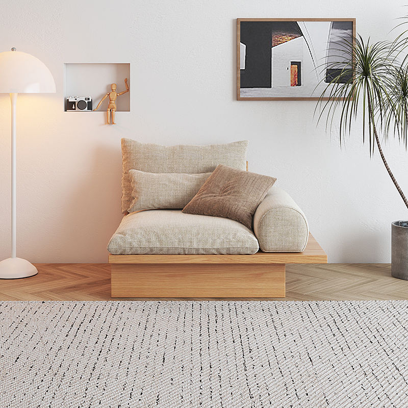 Cotton Linen Beige Sofa With Wood Frame & Storage Underneath