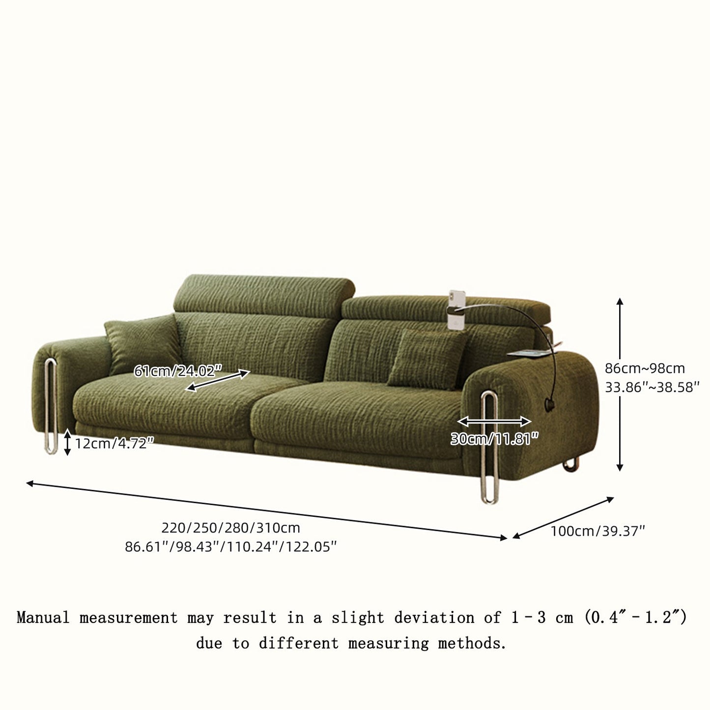 Green Chenille Big Comfy Couch – Adjustable Headrest, Water-Resistant