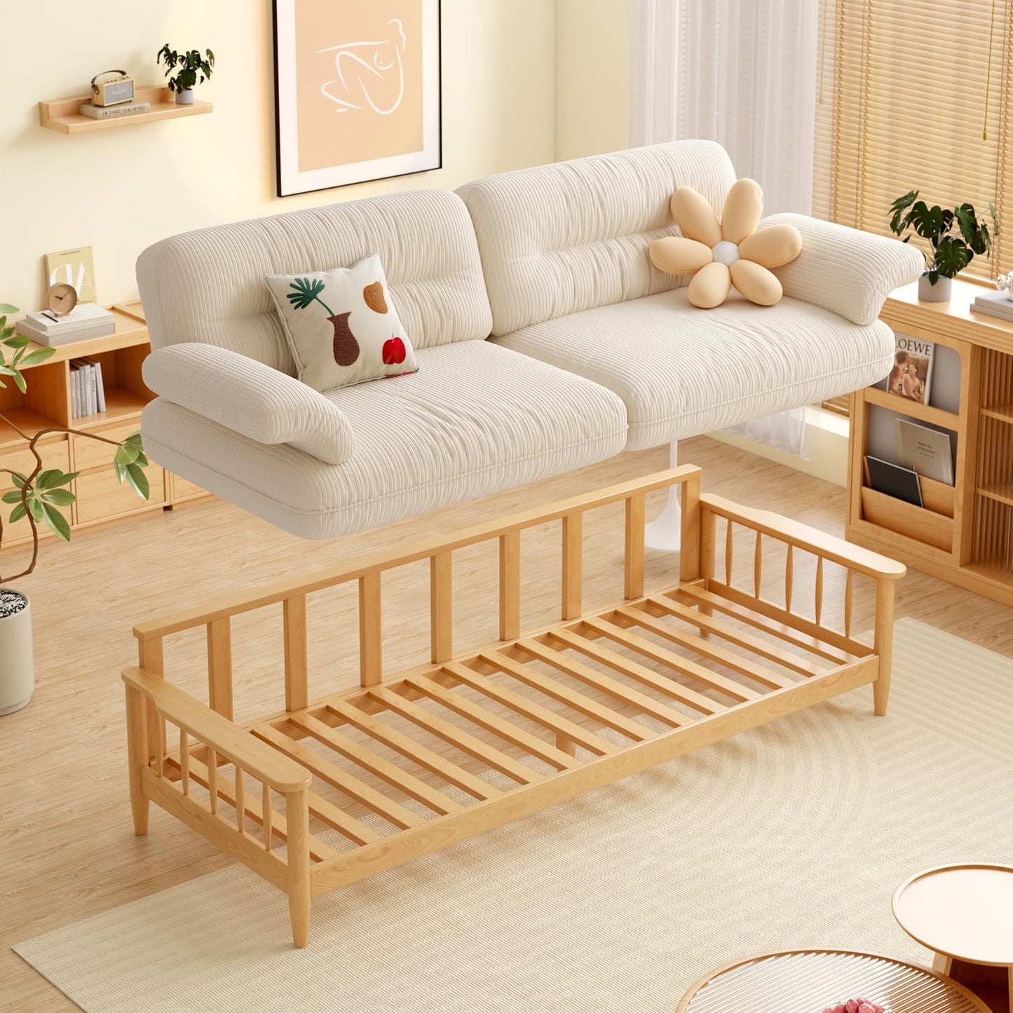 Japandi Solid Ash Wood Sofa Available in Cotton Linen, Corduroy & Cat-Scratch Fabric