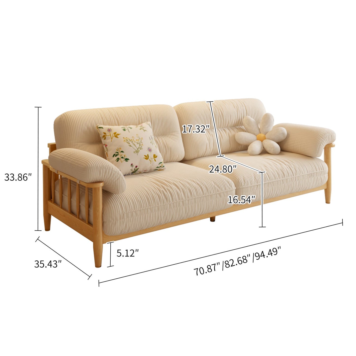 Japandi Solid Ash Wood Sofa Available in Cotton Linen, Corduroy & Cat-Scratch Fabric