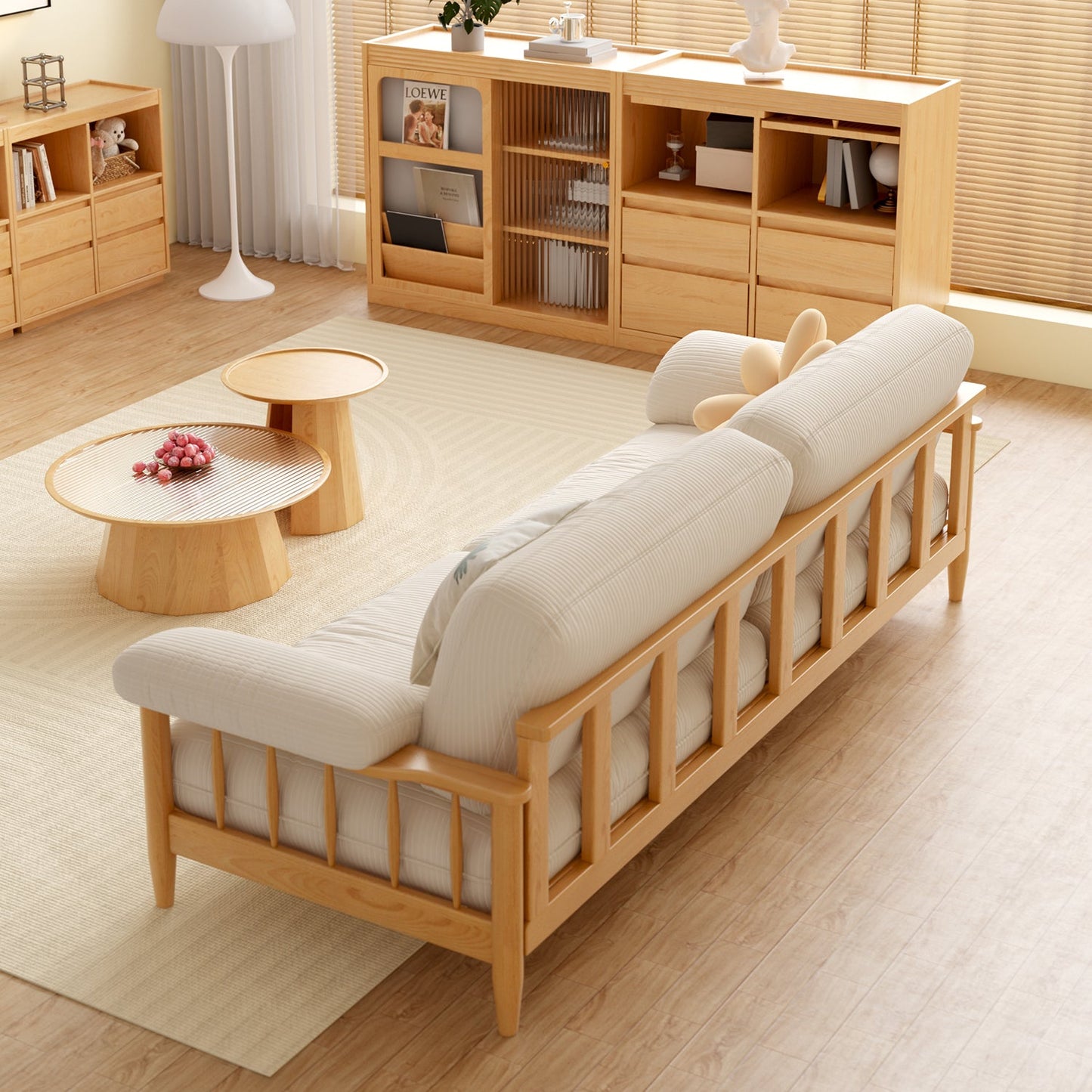 Japandi Solid Ash Wood Sofa Available in Cotton Linen, Corduroy & Cat-Scratch Fabric