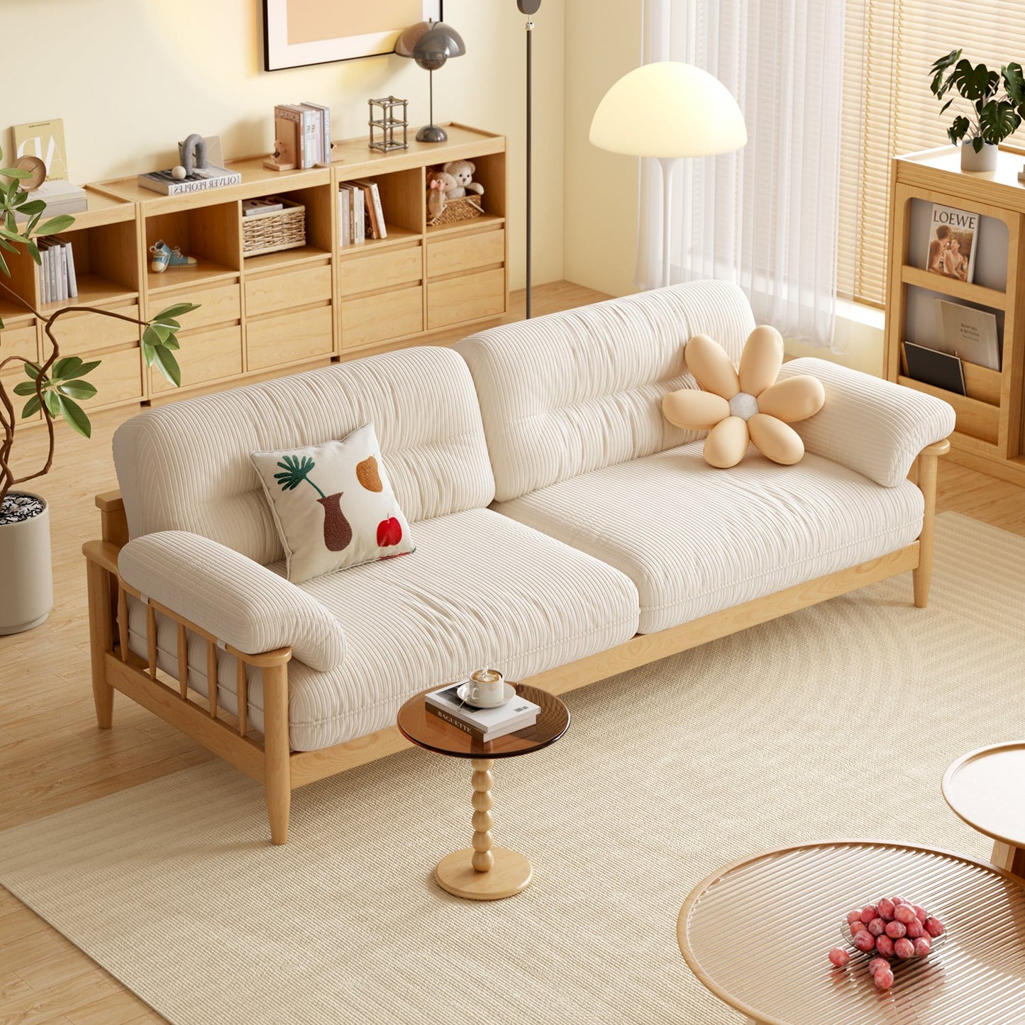 Japandi Solid Ash Wood Sofa Available in Cotton Linen, Corduroy & Cat-Scratch Fabric