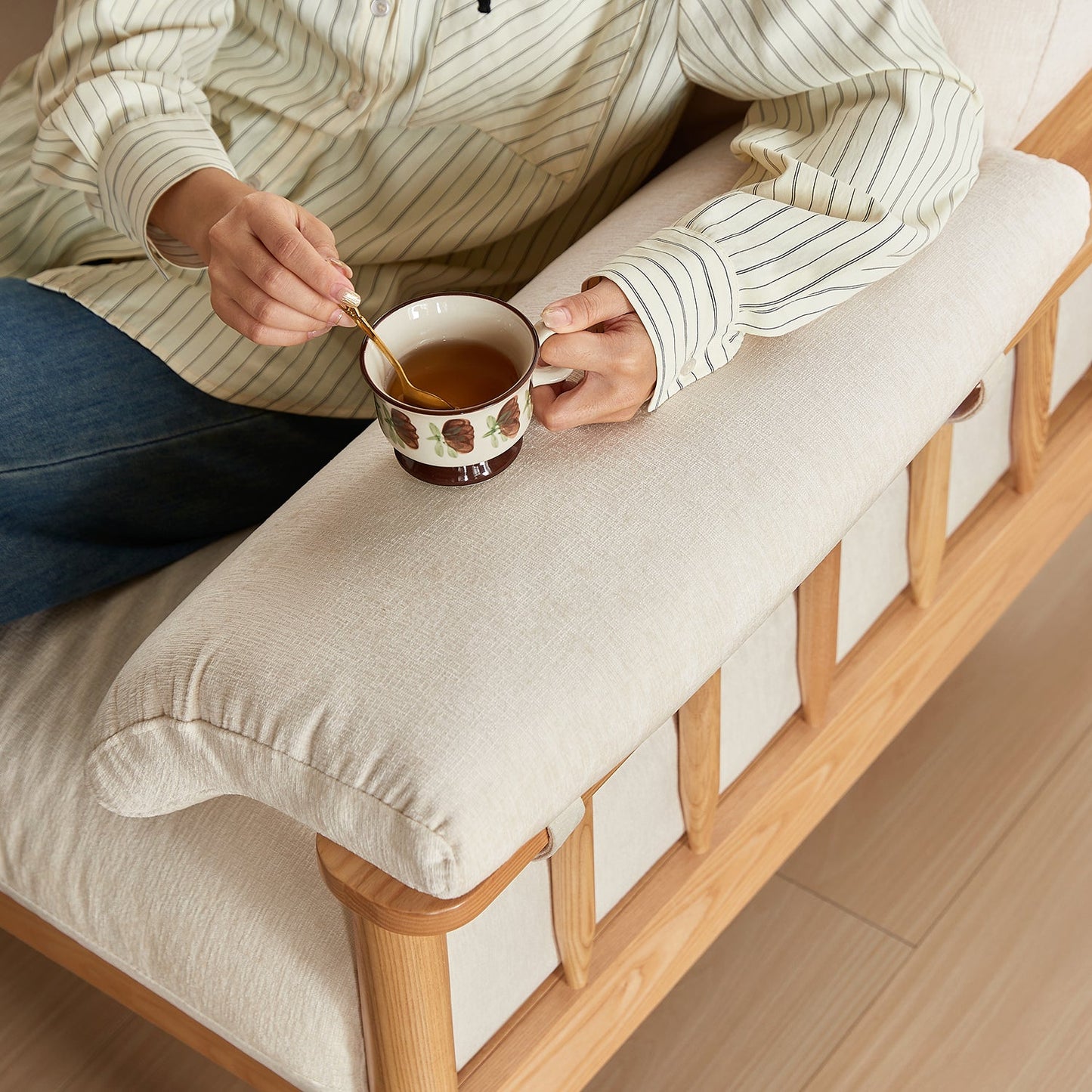 Japandi Solid Ash Wood Sofa Available in Cotton Linen, Corduroy & Cat-Scratch Fabric