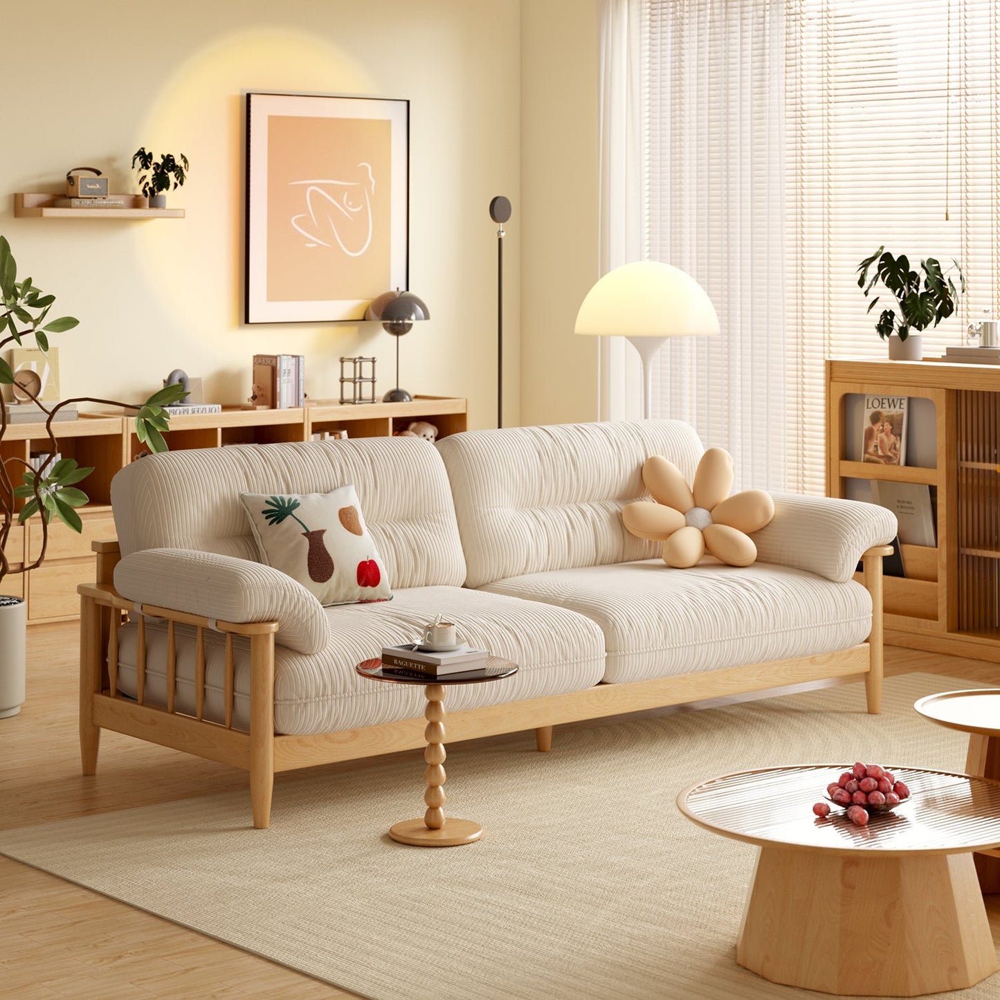 Japandi Solid Ash Wood Sofa Available in Cotton Linen, Corduroy & Cat-Scratch Fabric