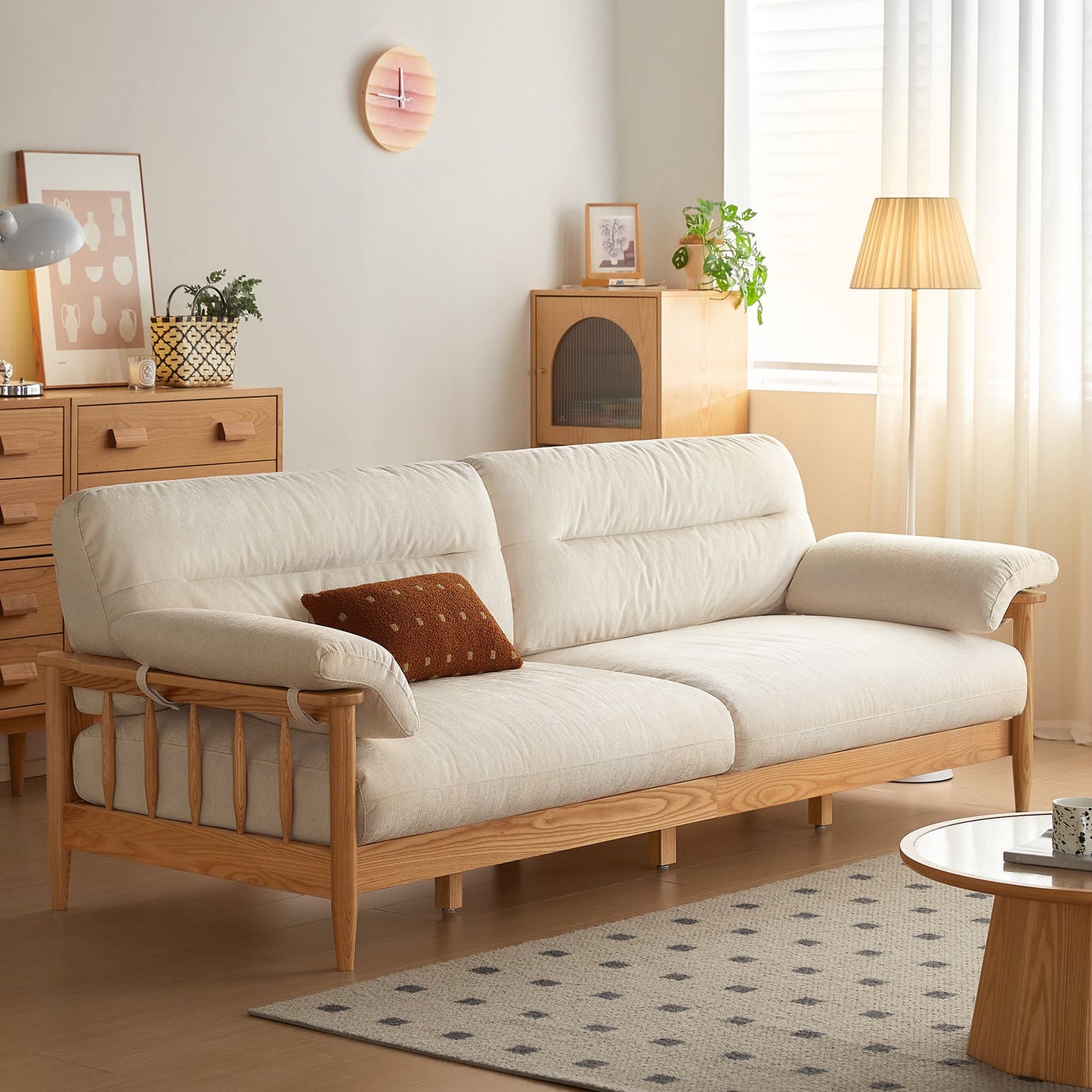 Japandi Solid Ash Wood Sofa Available in Cotton Linen, Corduroy & Cat-Scratch Fabric