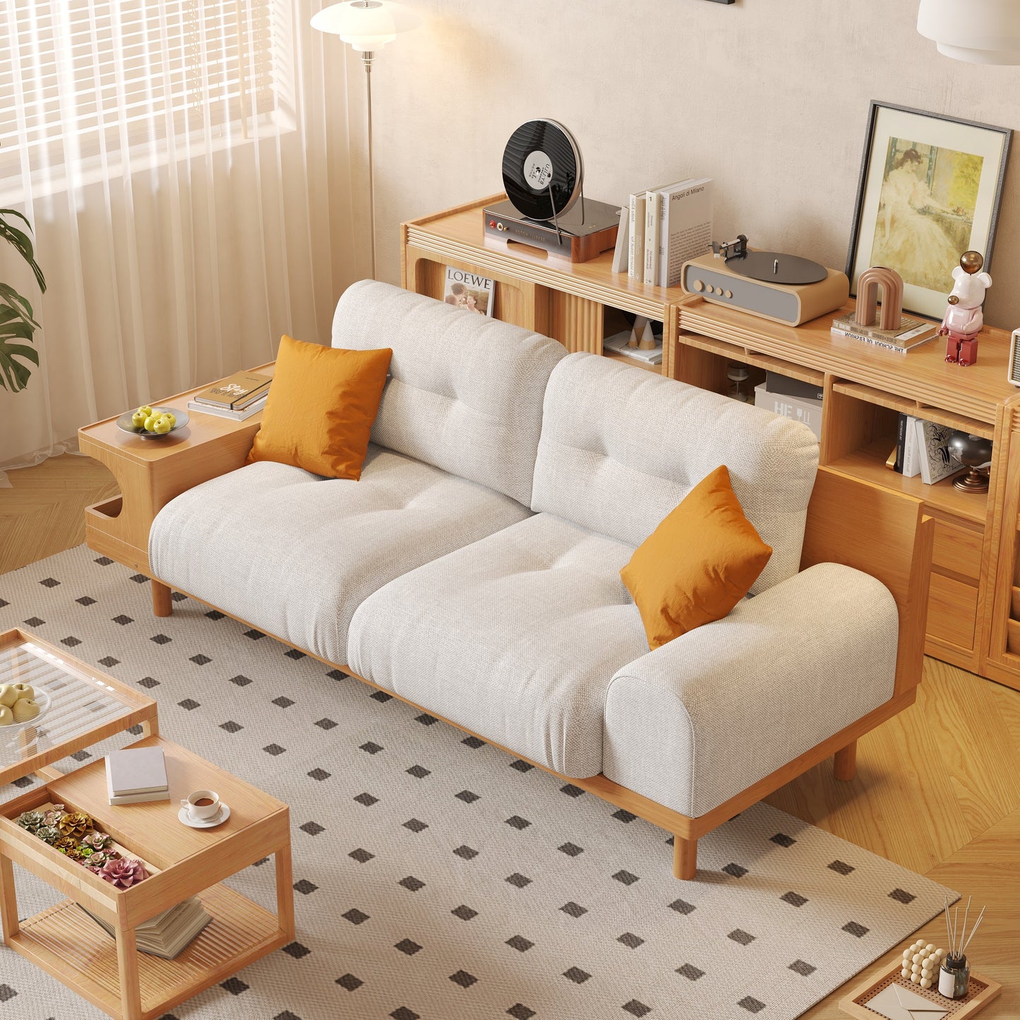 Japandi Wooden Base Sofa with Integrated Cat Den