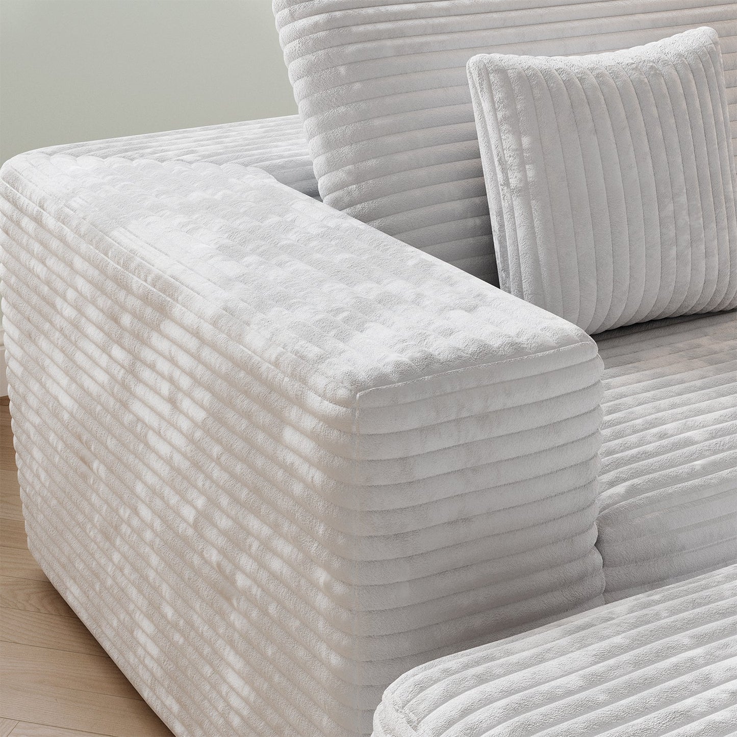 L-shape Beige Color Corduroy Sofa with Ottoman