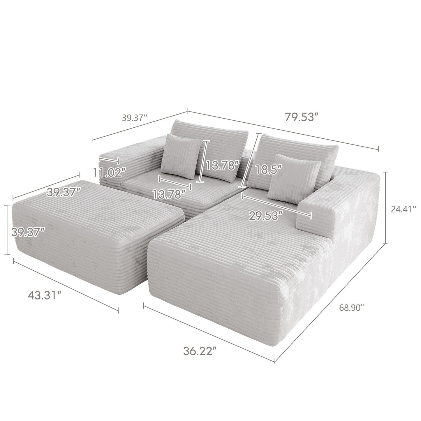 L-shape Beige Color Corduroy Sofa with Ottoman