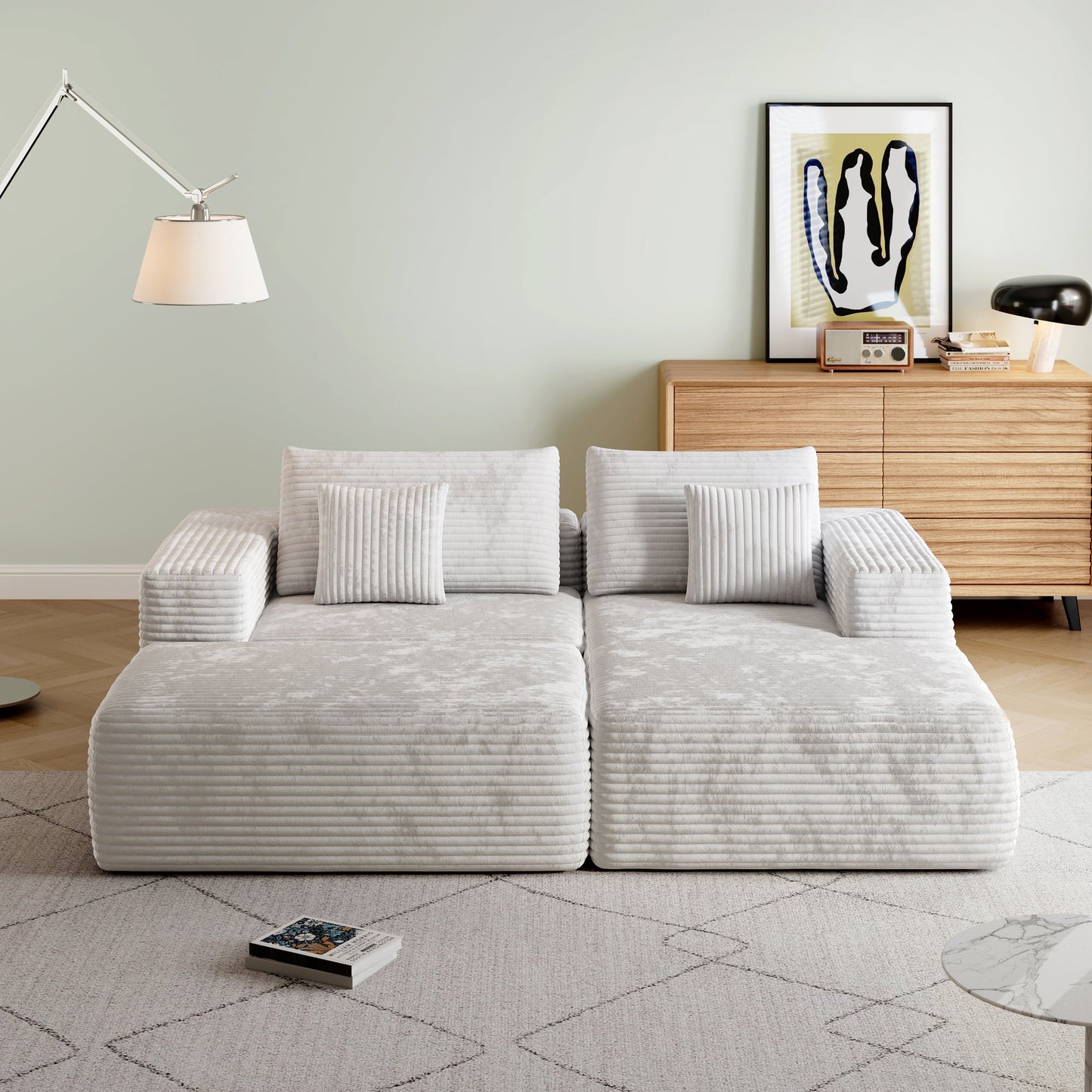 L-shape Beige Color Corduroy Sofa with Ottoman