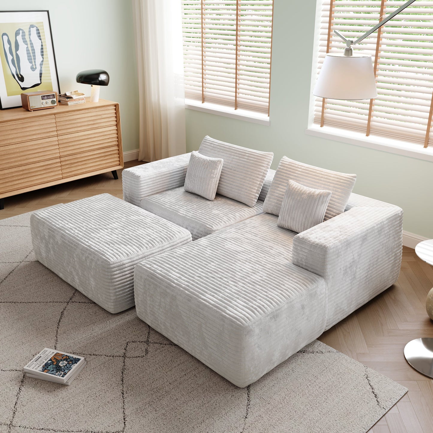 L-shape Beige Color Corduroy Sofa with Ottoman