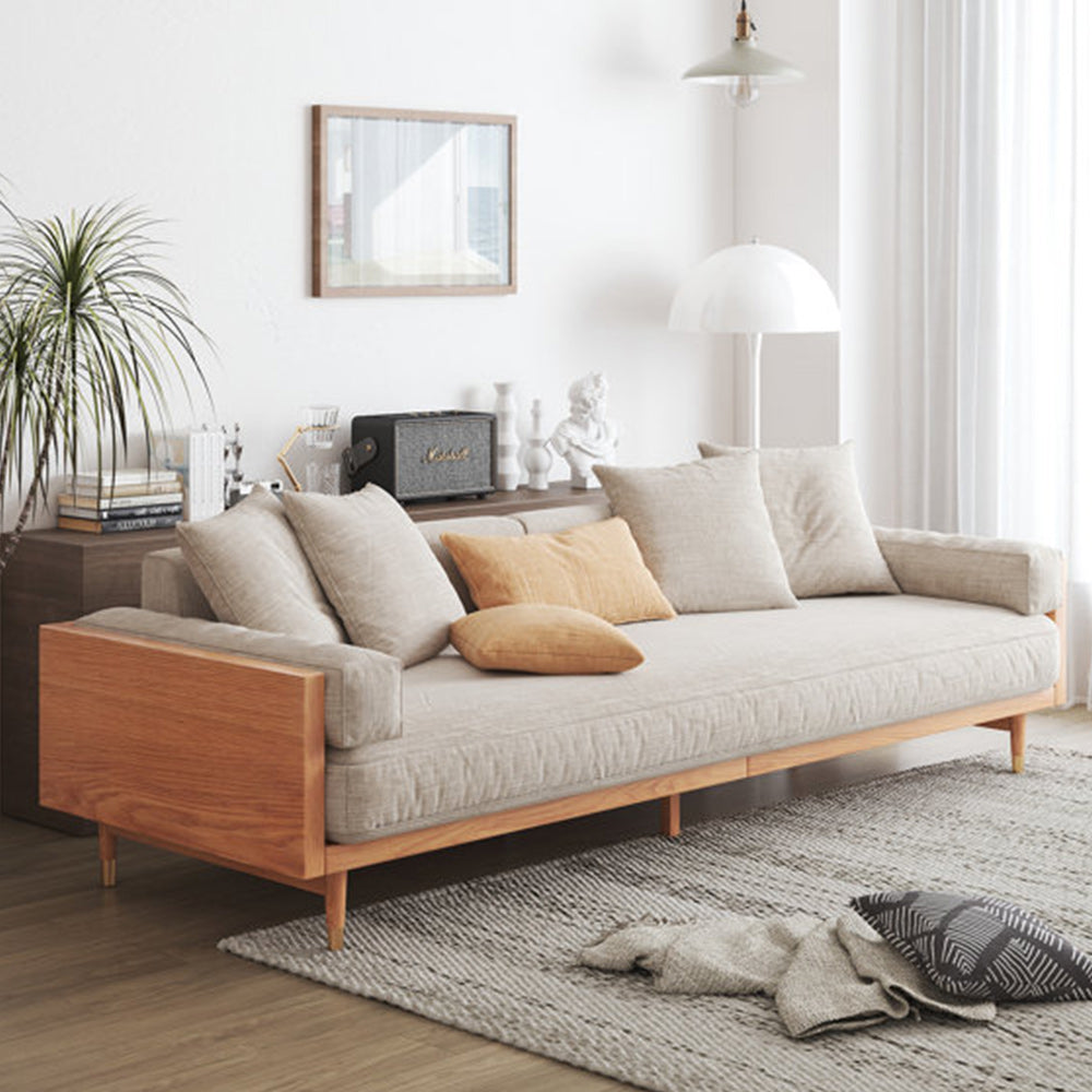 Modern Beige 3-Seat Upholstered Linen Fabric Sofa with Solid Wood Frame for Living Room