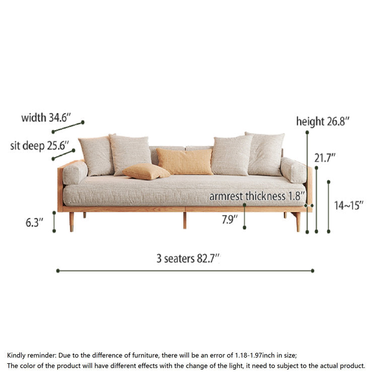 Modern Beige 3-Seat Upholstered Linen Fabric Sofa with Solid Wood Frame for Living Room