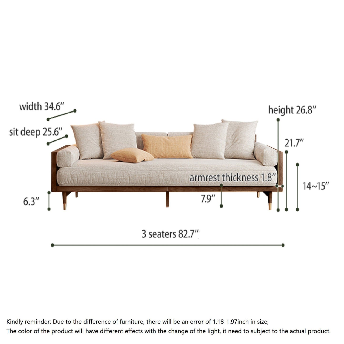 Modern Beige 3-Seat Upholstered Linen Fabric Sofa with Solid Wood Frame for Living Room