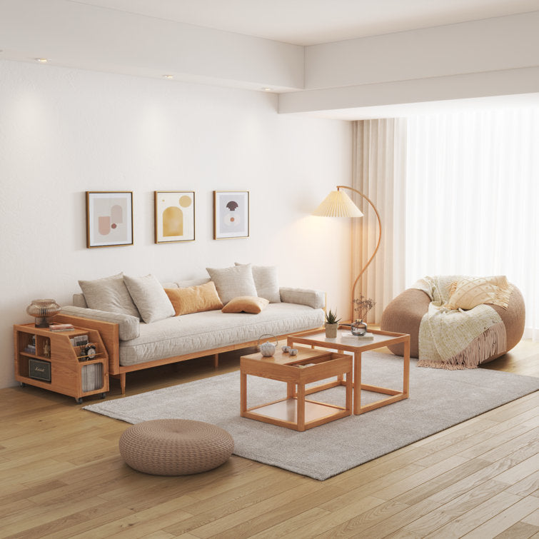 Modern Beige 3-Seat Upholstered Linen Fabric Sofa with Solid Wood Frame for Living Room