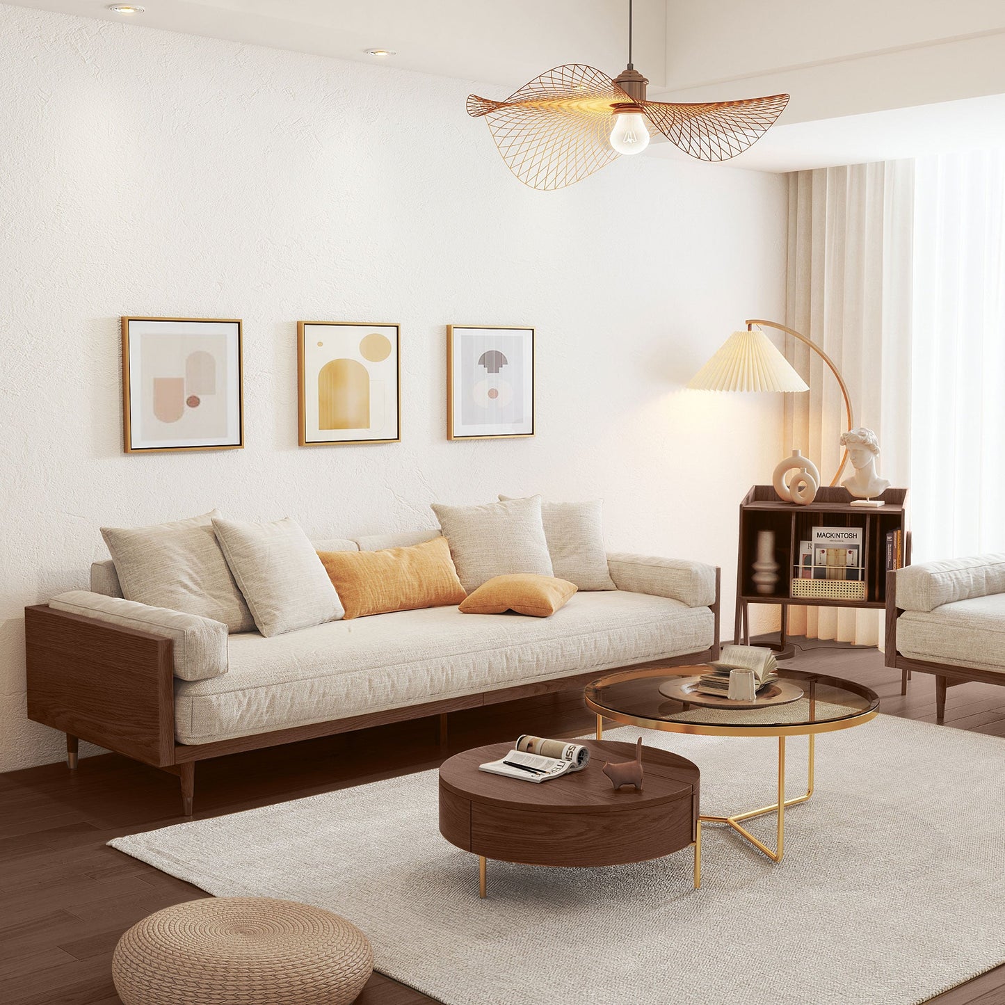 Modern Beige 3-Seat Upholstered Linen Fabric Sofa with Solid Wood Frame for Living Room
