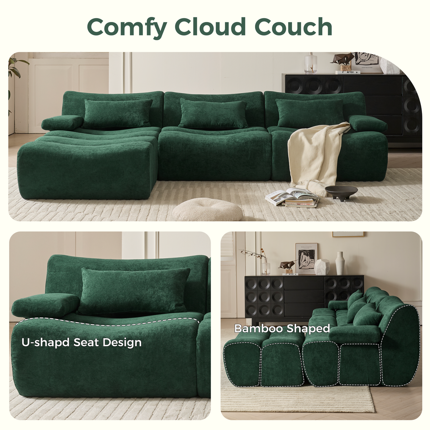 Modern Corduroy Sectional Sofa in Green & Brown