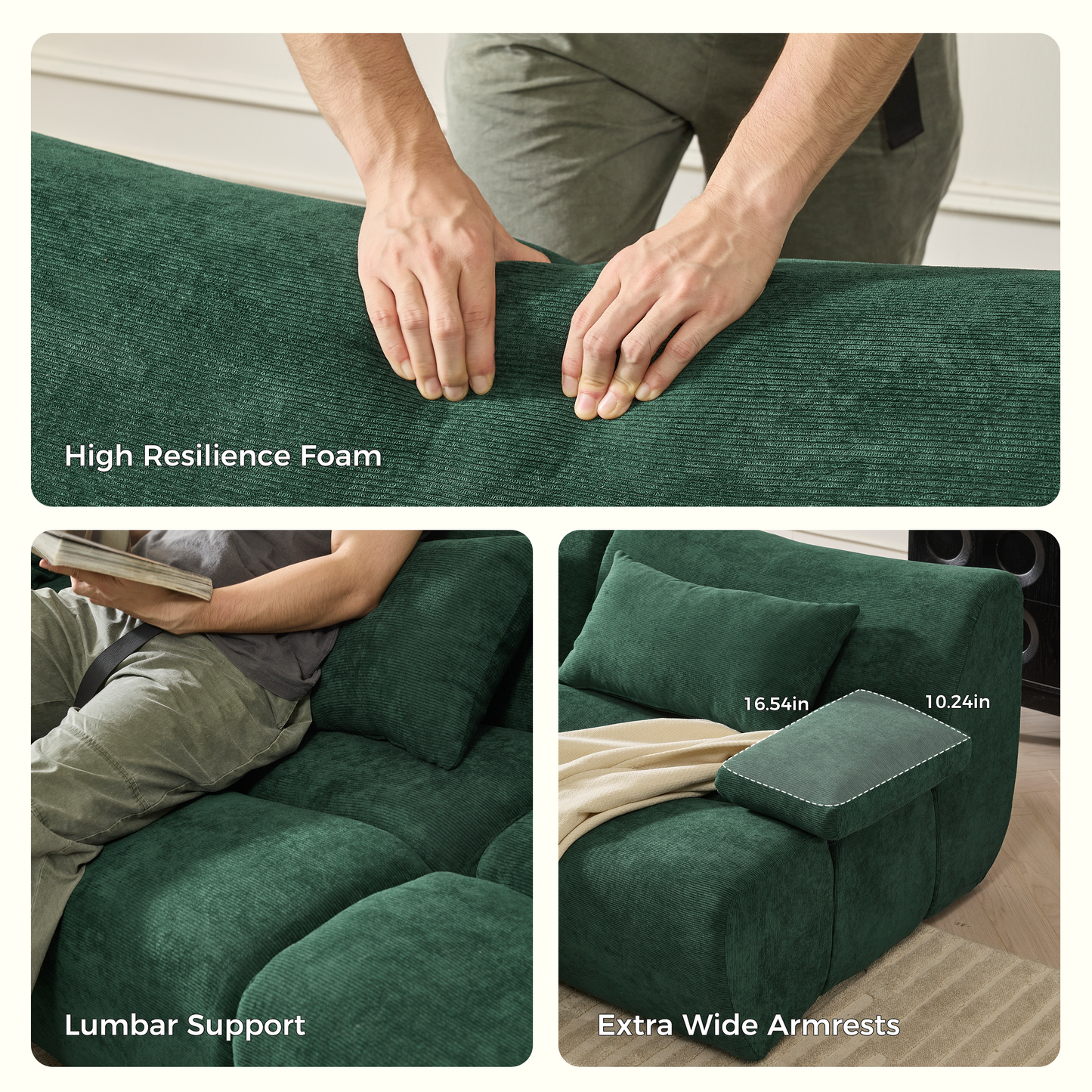 Modern Corduroy Sectional Sofa in Green & Brown