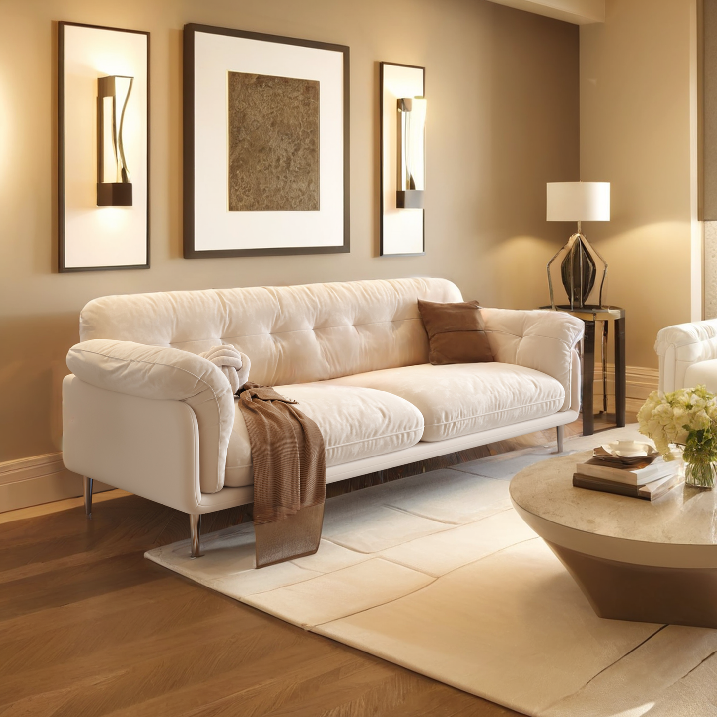 Modern White 88.98" Living room Velvet Sofa with Stainless Steel Legs