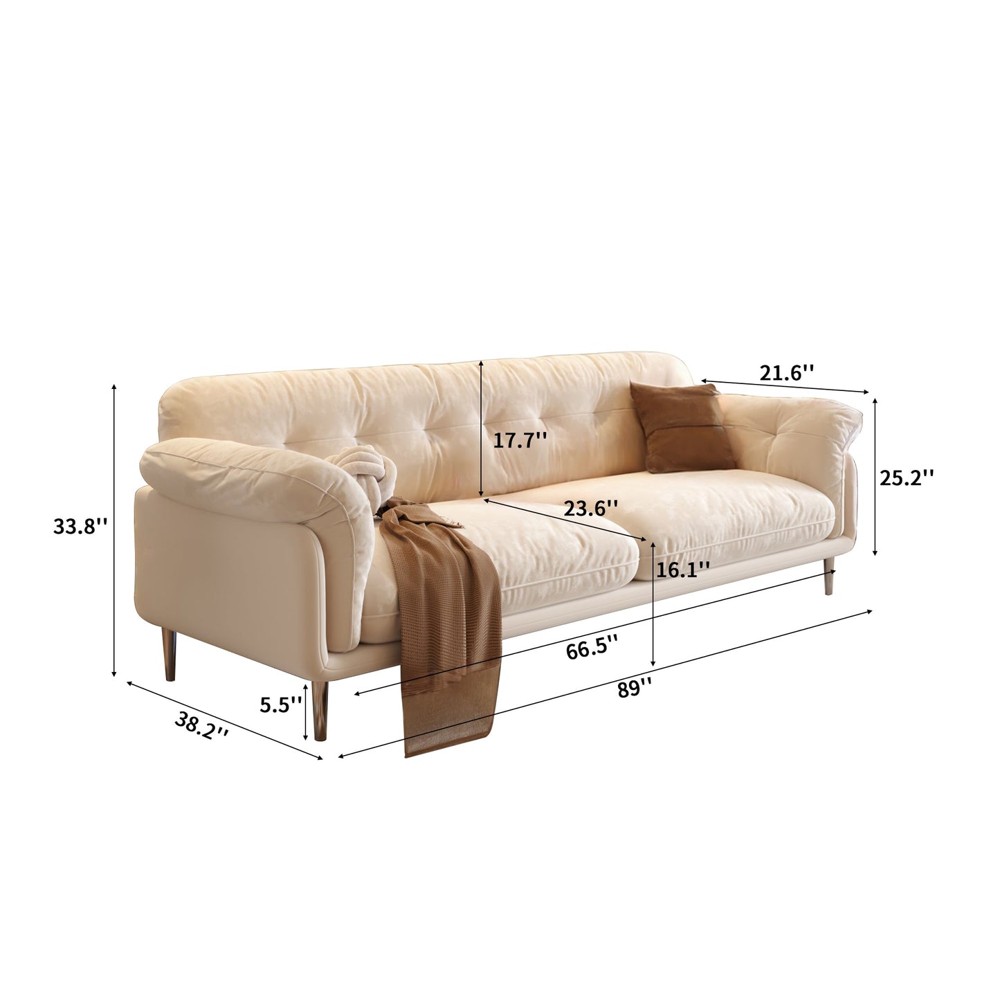 Modern White 88.98" Living room Velvet Sofa with Stainless Steel Legs