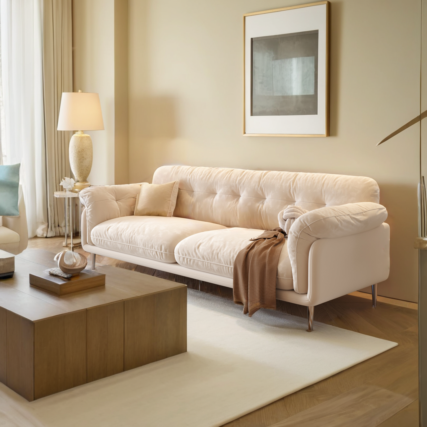 Modern White 88.98" Living room Velvet Sofa with Stainless Steel Legs