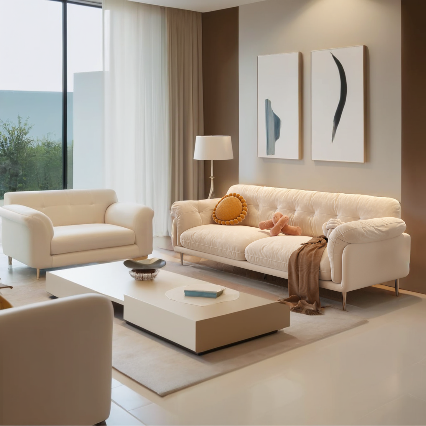 Modern White 88.98" Living room Velvet Sofa with Stainless Steel Legs