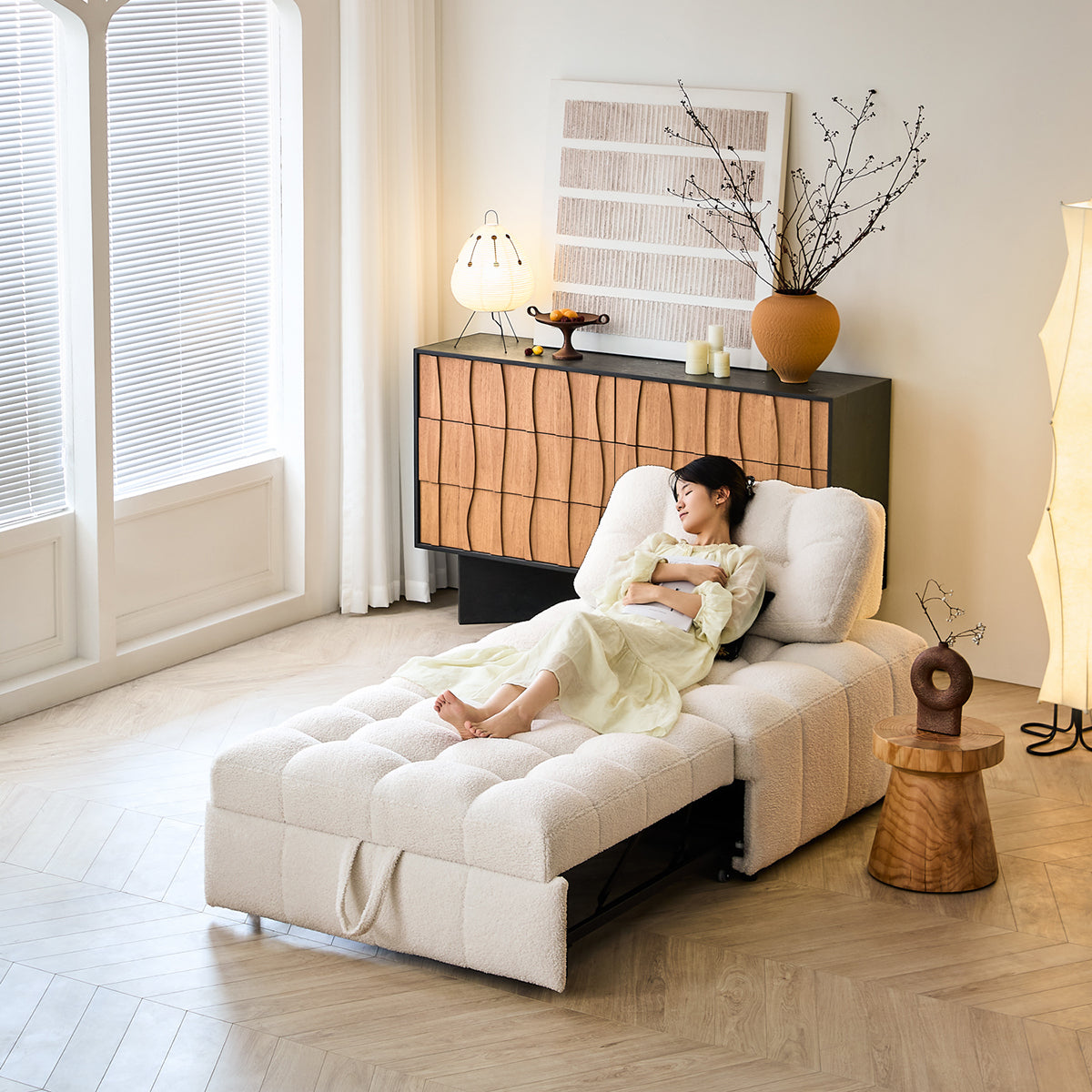 Teddy Fleece Lounge Sofa Bed – Cream White Pull-Out Sleeper for Small Spaces