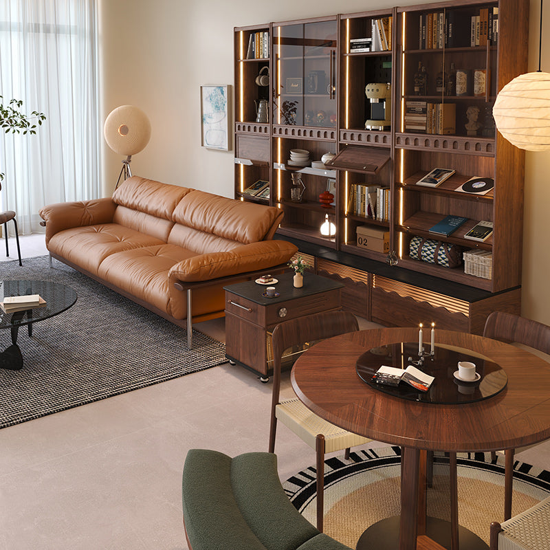 Three-Seater Sofa with Straight-Line Design & Top-grain Leather Upholstery