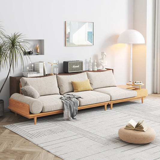 116.3" Beige Cotton Linen 3-Seater Sofa Storage Fabric Sofa with Round Arm