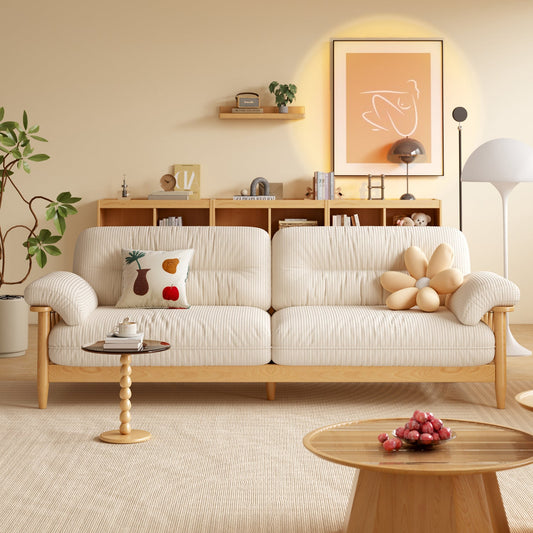 Japandi Solid Ash Wood Sofa Available in Cotton Linen, Corduroy & Cat-Scratch Fabric