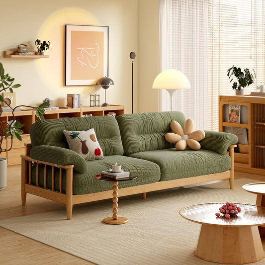 Japandi Solid Ash Wood Sofa Available in Cotton Linen, Corduroy & Cat-Scratch Fabric