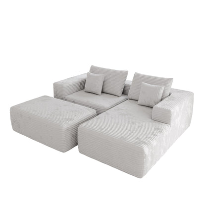 L-shape Beige Color Corduroy Sofa with Ottoman