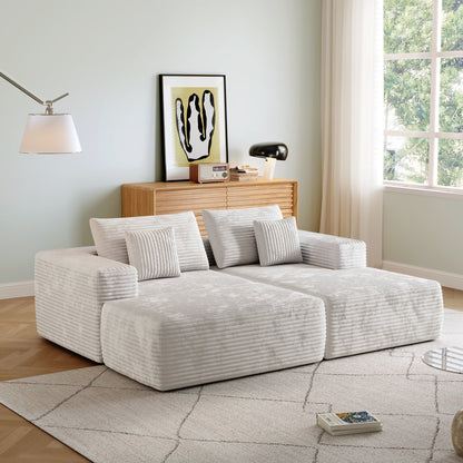 L-shape Beige Color Corduroy Sofa with Ottoman