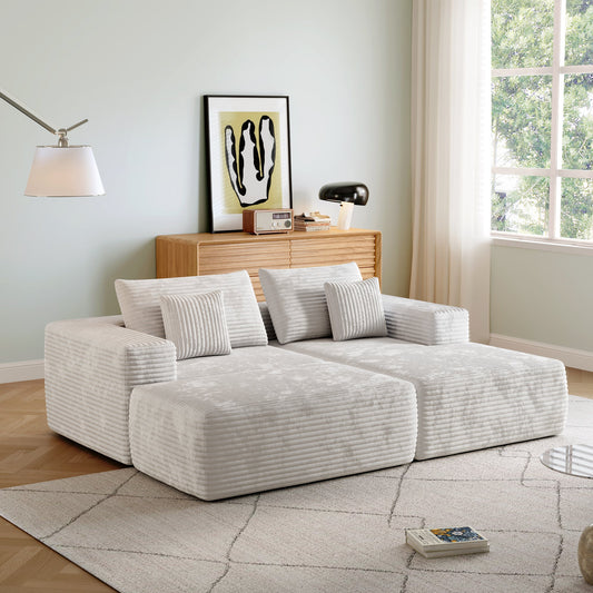 L-shape Beige Color Corduroy Sofa with Ottoman