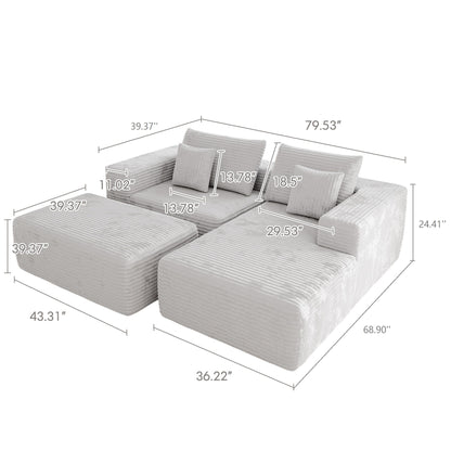 L-shape Beige Color Corduroy Sofa with Ottoman