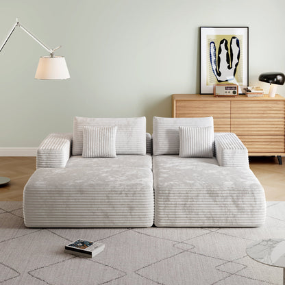 L-shape Beige Color Corduroy Sofa with Ottoman