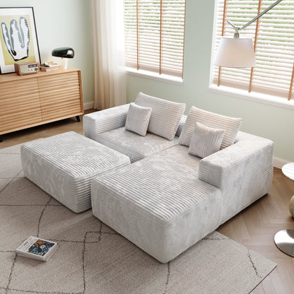 L-shape Beige Color Corduroy Sofa with Ottoman