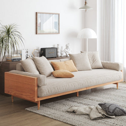 Modern Beige 3-Seat Upholstered Linen Fabric Sofa with Solid Wood Frame for Living Room