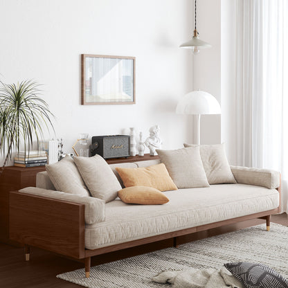 Modern Beige 3-Seat Upholstered Linen Fabric Sofa with Solid Wood Frame for Living Room