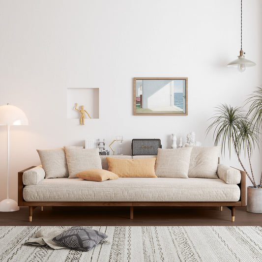 Modern Beige 3-Seat Upholstered Linen Fabric Sofa with Solid Wood Frame for Living Room