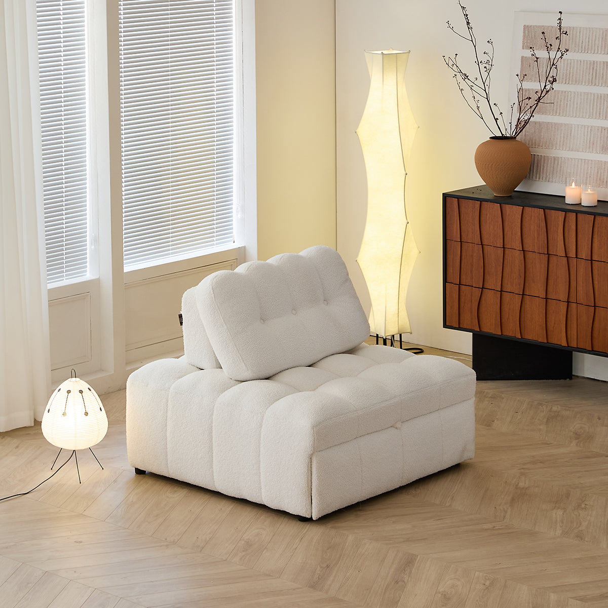 Teddy Fleece Lounge Sofa Bed – Cream White Pull-Out Sleeper for Small Spaces