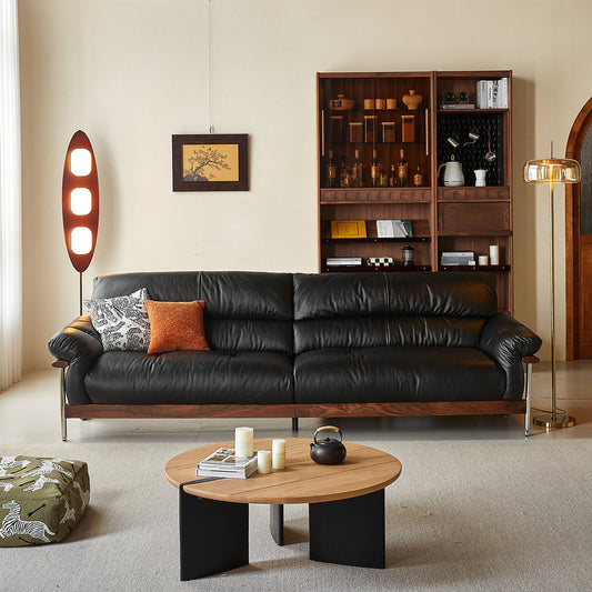 Three-Seater Sofa with Straight-Line Design & Top-grain Leather Upholstery